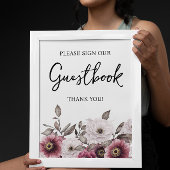 Wit en Plum Bloemen Gastenboek Baby shower teken Poster