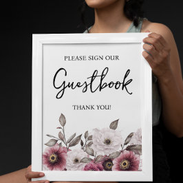 Wit en Plum Bloemen Gastenboek Baby shower teken Poster