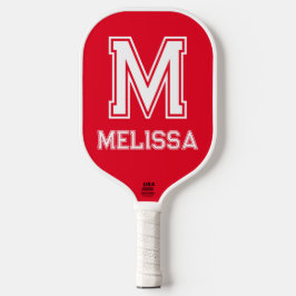 Wit en Rood Minimalistisch Modern Monogram Pickleball Paddle