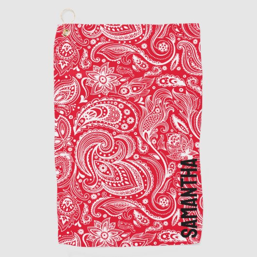 Wit en rood  paisley patroonmonogram golfhanddoek (Voorkant)