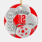 Wit en rood personaliseer Voetbal Keramisch Ornament (Voorkant)