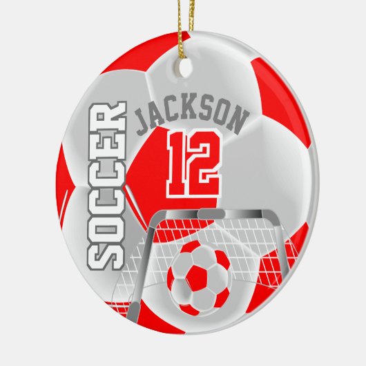 Wit en rood personaliseer Voetbal Keramisch Ornament (Links)