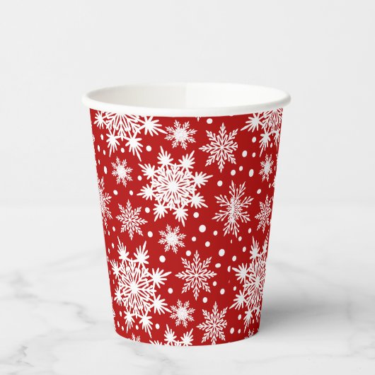Wit en rood sneeuwvlokken naadloos patroon papieren bekers (Links)
