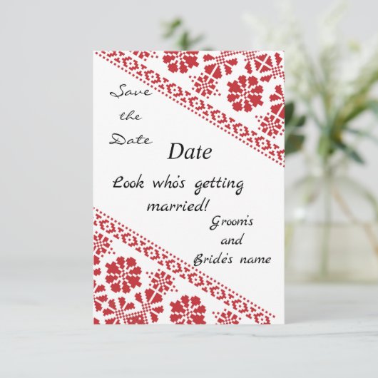 Wit en Rood Tatreez Wo. Save/the/Date Aankondiging (Staand voorkant)