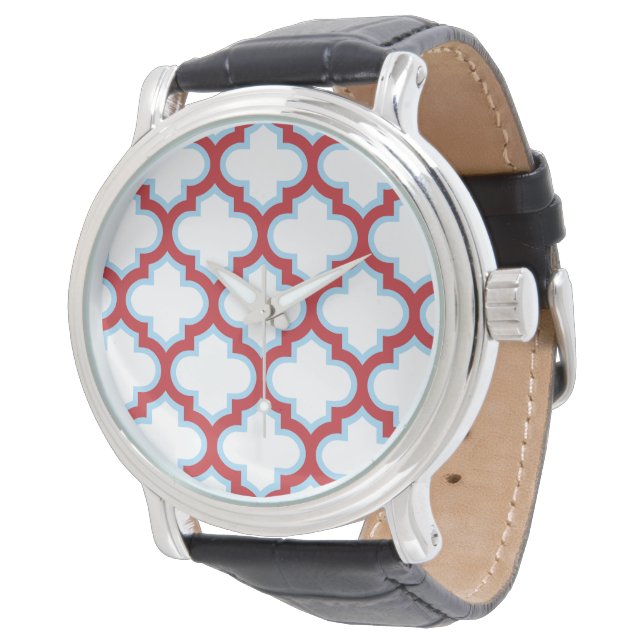 Wit en rood traliewerk, rooster, vierpas horloge (Gekanteld)