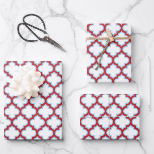 Wit en rood traliewerk, rooster, vierpas inpakpapier vel