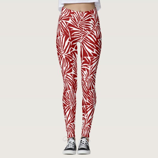 Wit en rood tropisch blad herhalend patroon leggings (Voorkant)