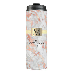 Wit en Roos Gold marmer, Gold Box Name & Monogram Thermosbeker