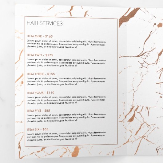 Wit en Roos Goud Marmeren Salon Brochure Drieluik Kaart (Binnenzijde eerst)