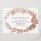 Wit en Roos Goud | Modern Floral Save the Date Folie Uitnodiging (Voorkant)