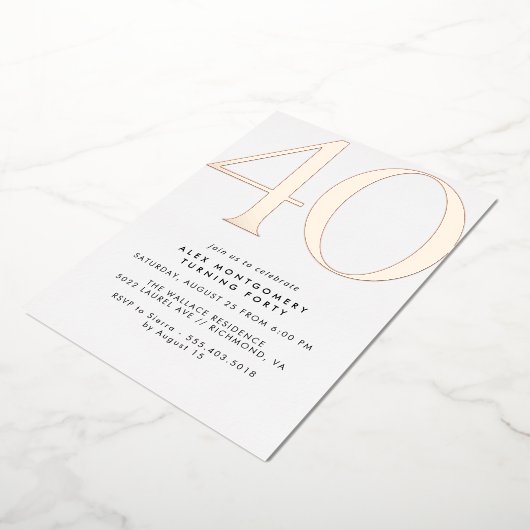 Wit en Roos Goud | Moderne Glam 40th Verjaardag Folie Uitnodiging (Gedraaid)