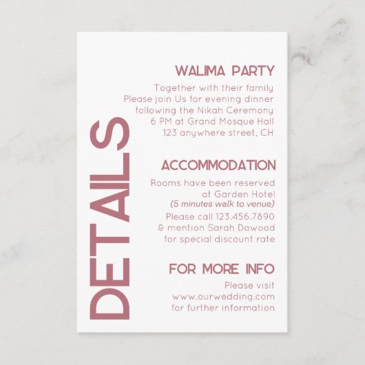 Wit en Roos Goud Typografie Bruiloft Details Informatiekaartje (Voorkant)