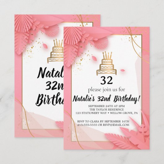 Wit en roze 32e verjaardag kaart (Voorkant / Achterkant)