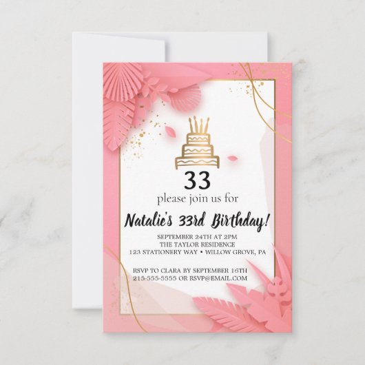 wit en roze 33ste verjaardag kaart (Voorkant)