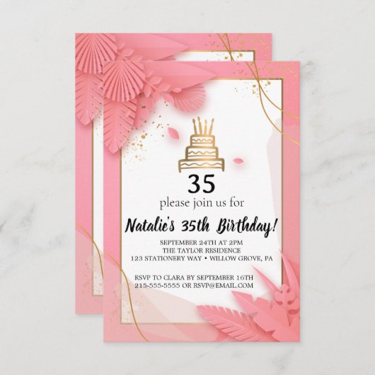 Wit en roze 35ste verjaardag uitnodiging (Voorkant / Achterkant)