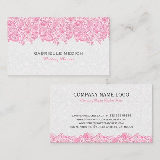 Wit en roze bloemig Paisley Kant Visitekaartje (Voorkant / Achterkant)
