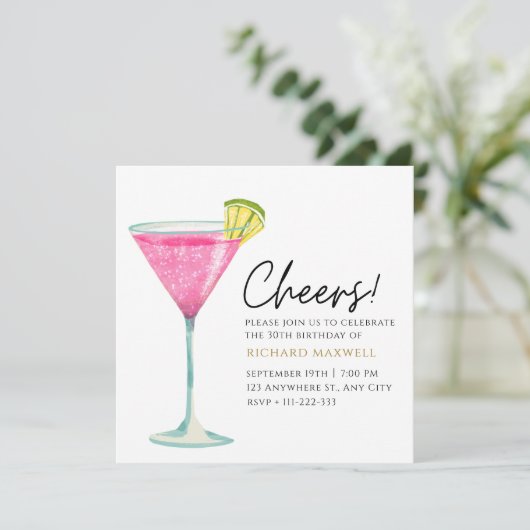 Wit en Roze Elegant Cocktail Party Verjaardag Kaart (Staand voorkant)