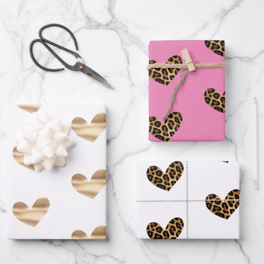 Wit en Roze Goud Glam en Leopard Harten Inpakpapier Vel (Voorkant)