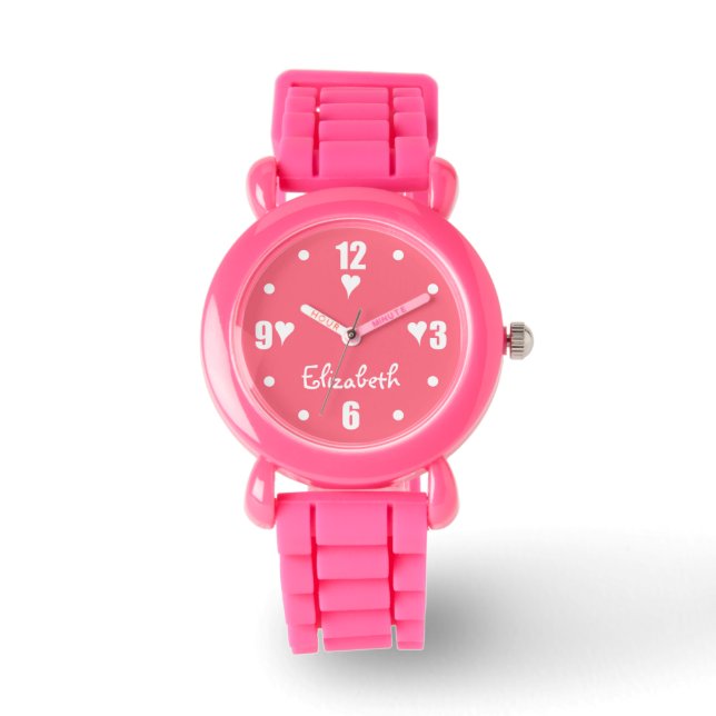 Wit en roze met harten en naam horloge (Voorkant)