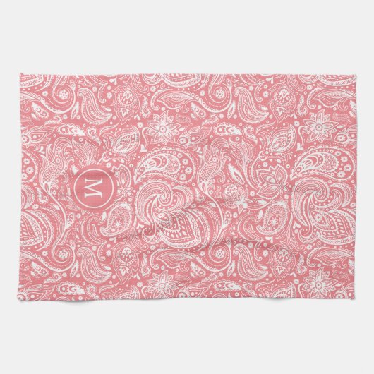 Wit en roze  paisley patroonmonogram theedoek (Horizontaal)
