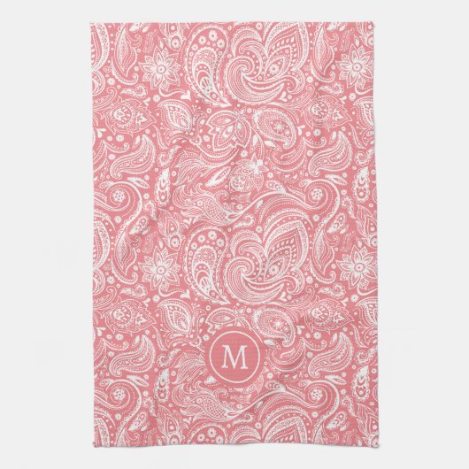 Wit en roze  paisley patroonmonogram theedoek (Verticaal)