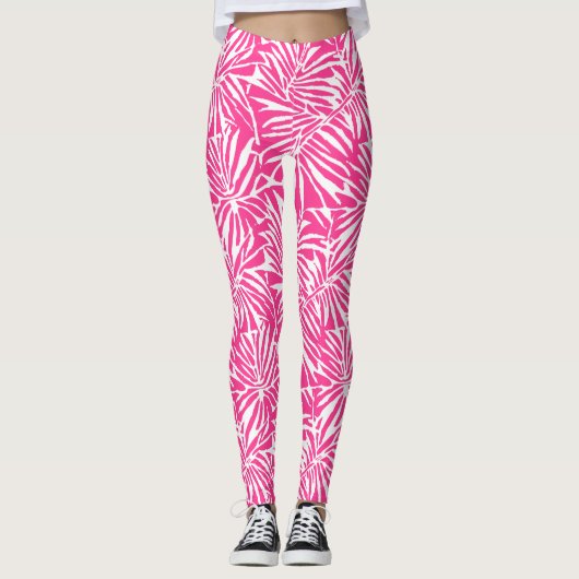 Wit en Roze Tropisch Blad Herhalend Patroon Leggings (Voorkant)