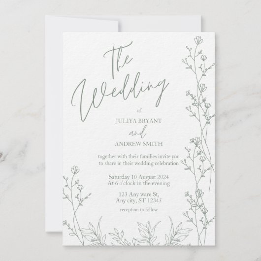 Wit en saga groen dik bruiloft Uitnodiging (Voorkant)