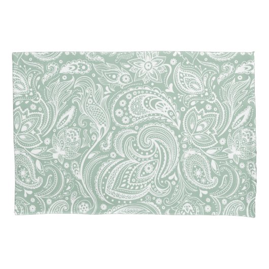 Wit en Sage-Green Paisley Patroon Kussensloop (Voorkant-Links)