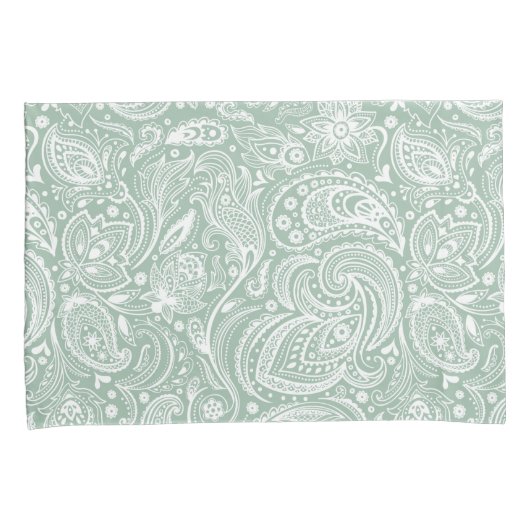 Wit en Sage-Green Paisley Patroon Kussensloop (Voorkant-Rechts)