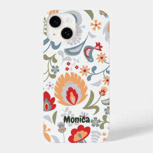 Wit en Stoffig Blauw Rood Geel Paisley Ontwerp iPhone 14 Hoesje