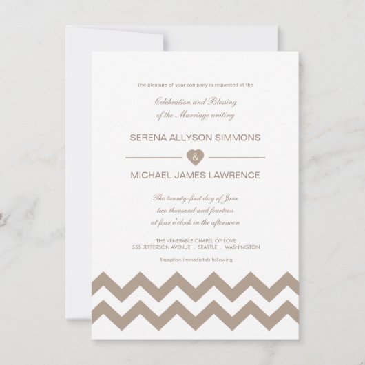 Wit en Taupe Chevron Wedding Invitations Kaart (Voorkant)