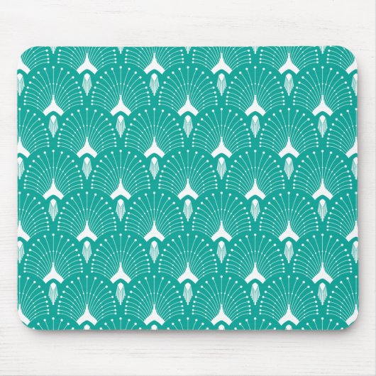 Wit en turquoise art-deco patroon muismat (Voorkant)