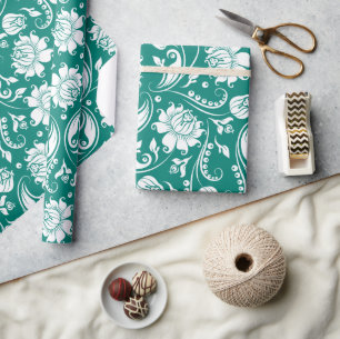 Wit en turquoise blauw floral damast patroon cadeaupapier