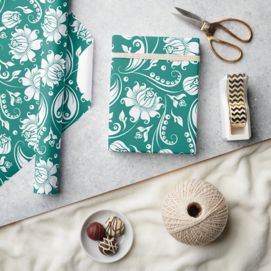 Wit en turquoise blauw floral damast patroon cadeaupapier (Crafts)