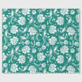 Wit en turquoise blauw floral damast patroon cadeaupapier (Vlak)