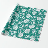 Wit en turquoise blauw floral damast patroon cadeaupapier (Uitgerold)