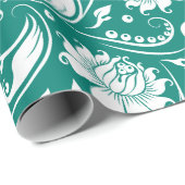 Wit en turquoise blauw floral damast patroon cadeaupapier (Rol Hoek)
