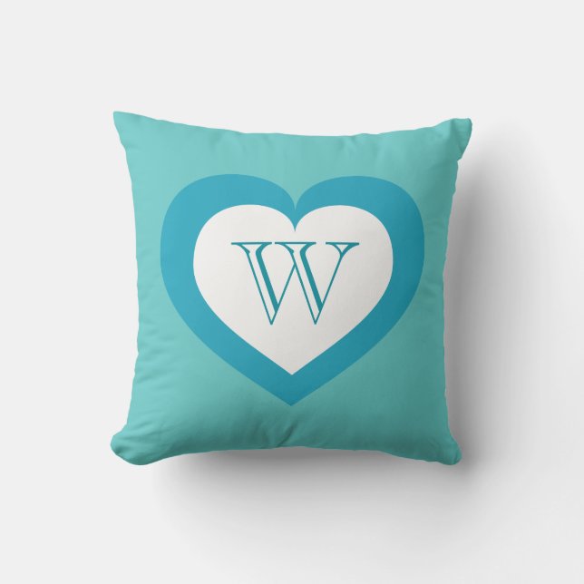 Wit en turquoise hart - monogram kussen (Voorkant)