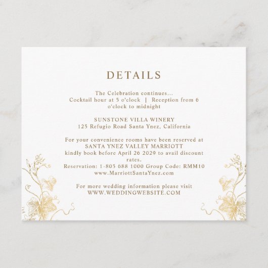 Wit en verguld blad chic trouwdetails informatiekaartje (Voorkant)