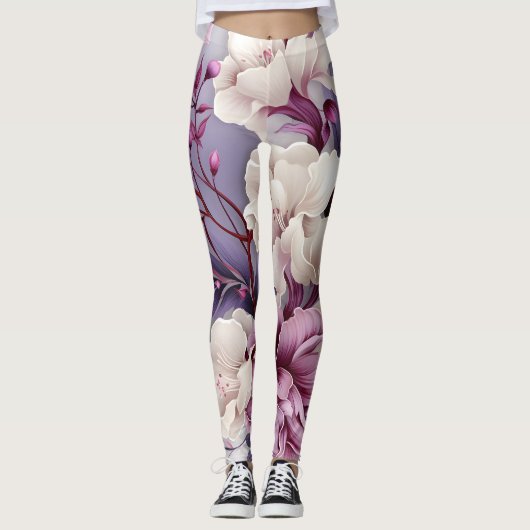 Wit en Violet Orchideeën Patroon Leggings (Voorkant)