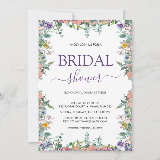 Wit en Violet Waterverf Bloem Vrijgezellenfeest Kaart (Voorkant)