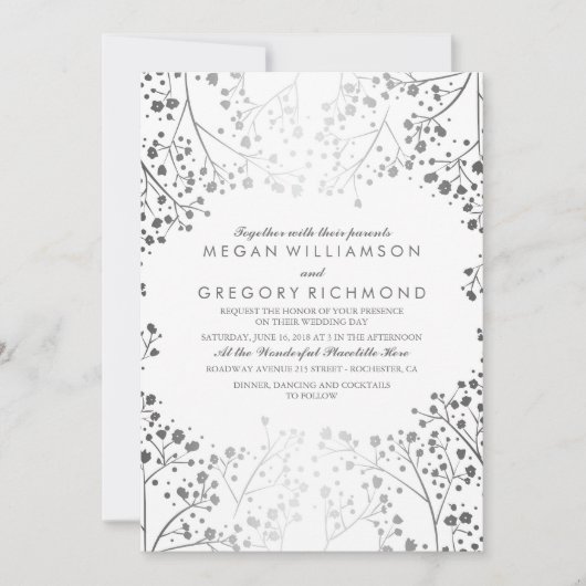 Wit en Zilver Baby's Breath Bruiloft Kaart (Voorkant)