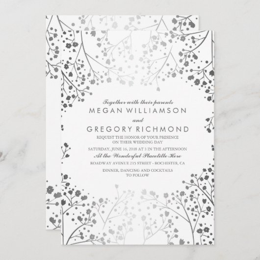 Wit en Zilver Baby's Breath Bruiloft Kaart (Voorkant / Achterkant)