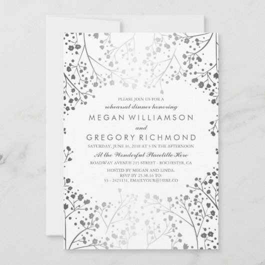 Wit en Zilver Baby's Breath Repetitie Diner Kaart (Voorkant)