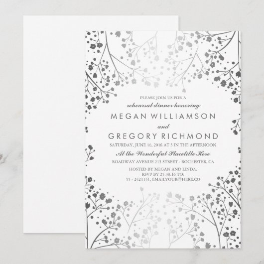 Wit en Zilver Baby's Breath Repetitie Diner Kaart (Voorkant / Achterkant)