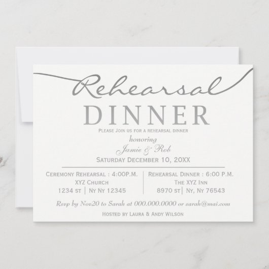 Wit en zilver Elegant Script Rehearsal Dinner Kaart (Voorkant)