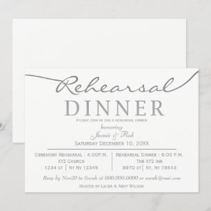 Wit en zilver Elegant Script Rehearsal Dinner Kaart