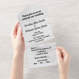 Wit en Zilver Kant en Parels op Satijn All In One Uitnodiging