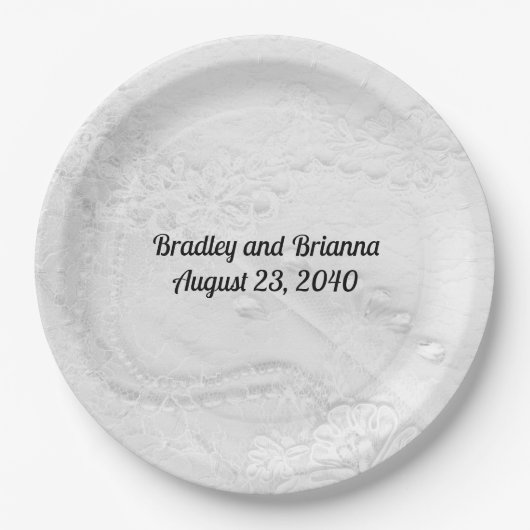 Wit en Zilver Kant en Parels op Satijn Papieren Bordje (Voorkant)