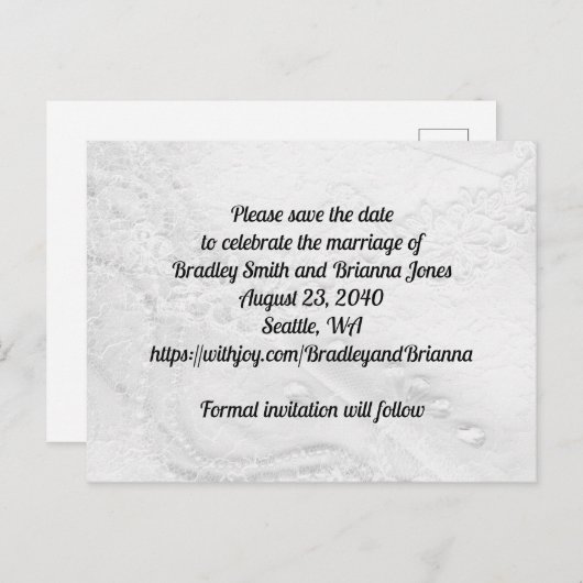 Wit en Zilver Kant en Parels op Satijn Uitnodiging Briefkaart (Voorkant / Achterkant)